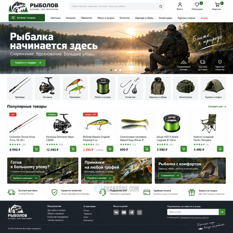 готовый интернет-магазин Рыбалка woocommerce макет