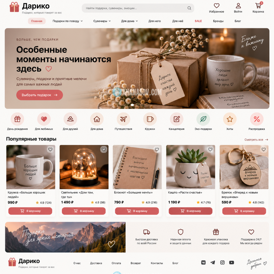 готовый интернет-магазин Подарки и сувениры woocommerce макет