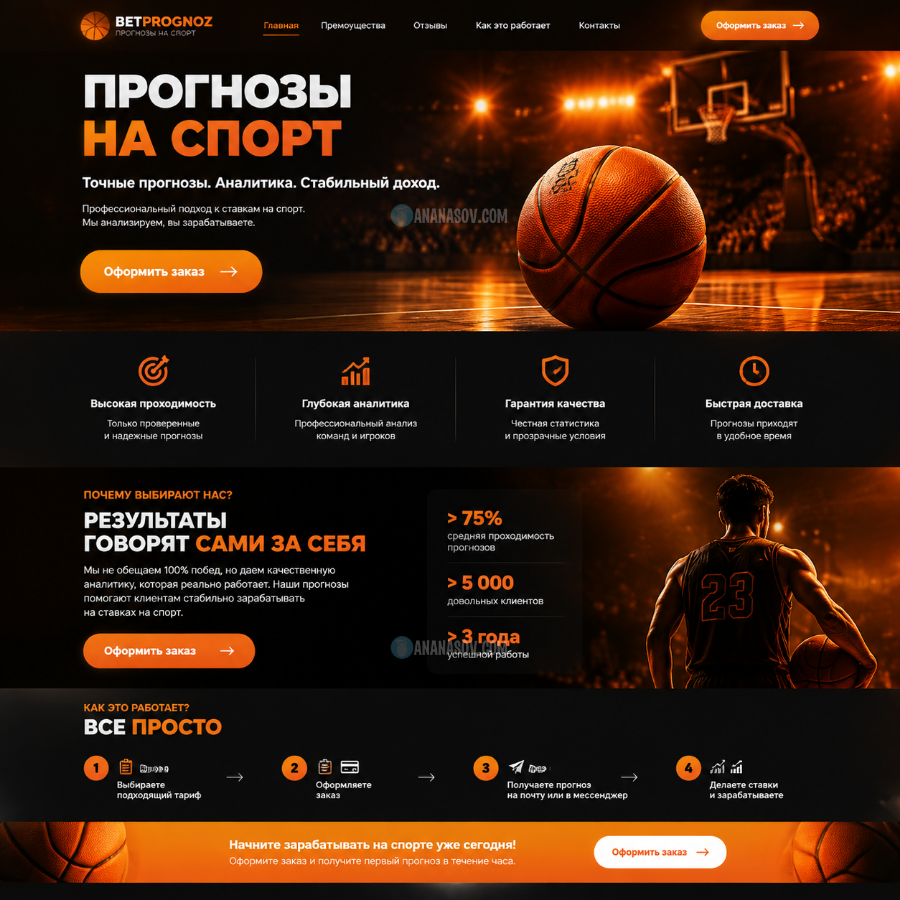 готовый сайт landing page Прогнозы на спорт: Баскетбол макет